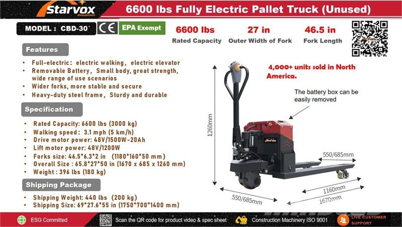 STARVOX CBD-30 6600 lb Electric Pallet Jack (Unuse Handhubwagen