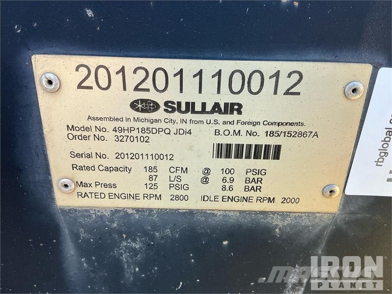 Sullair 49HP185DPQ JDi4 185 cfm Mobile Air Compressor 空氣壓縮機