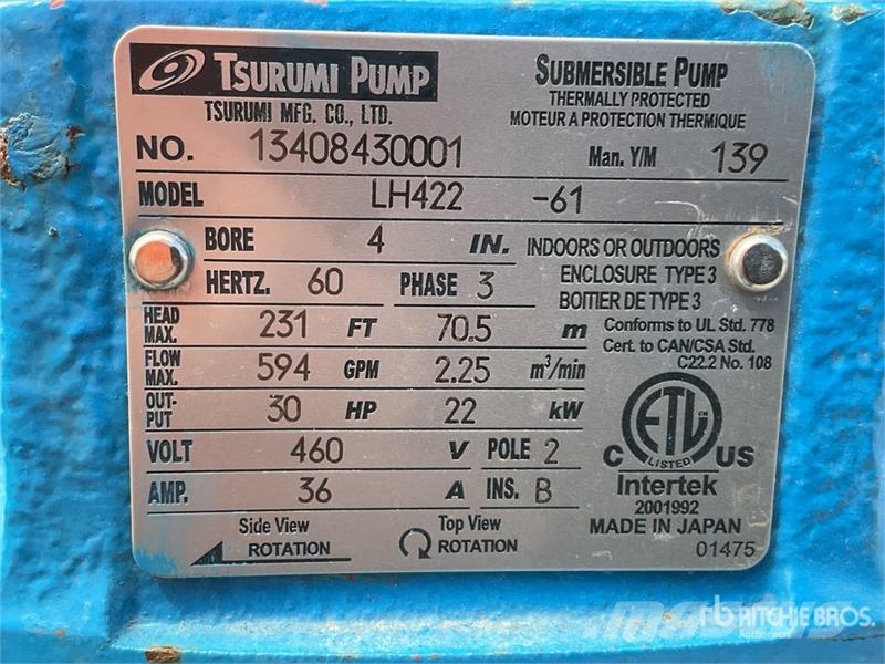 Tsurumi LH422-61 Electric 4 in Submersible Water Pump Andre komponenter