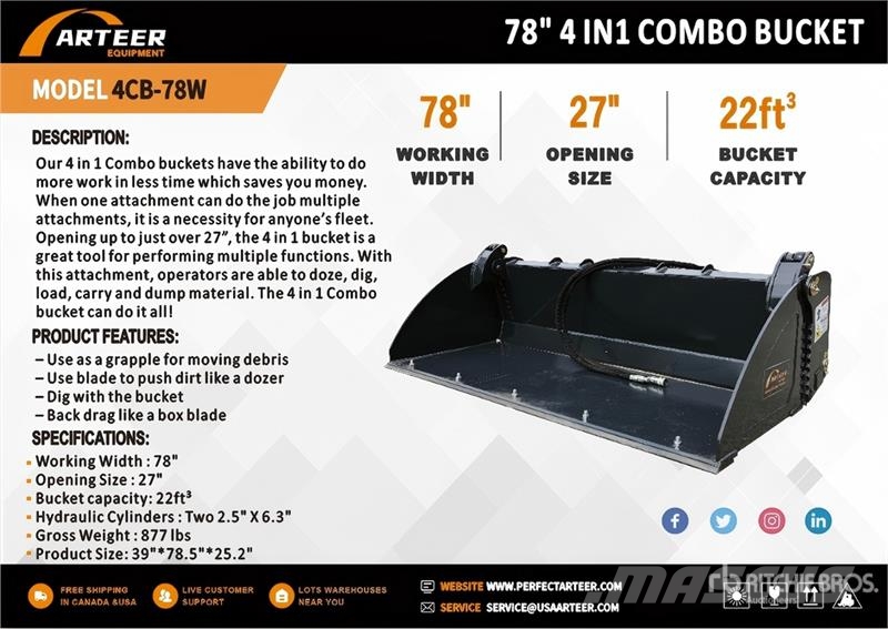 Arteer 4CB-78W 78 in Multi-Purpose Skid Steer Bucket (Unu Žlice