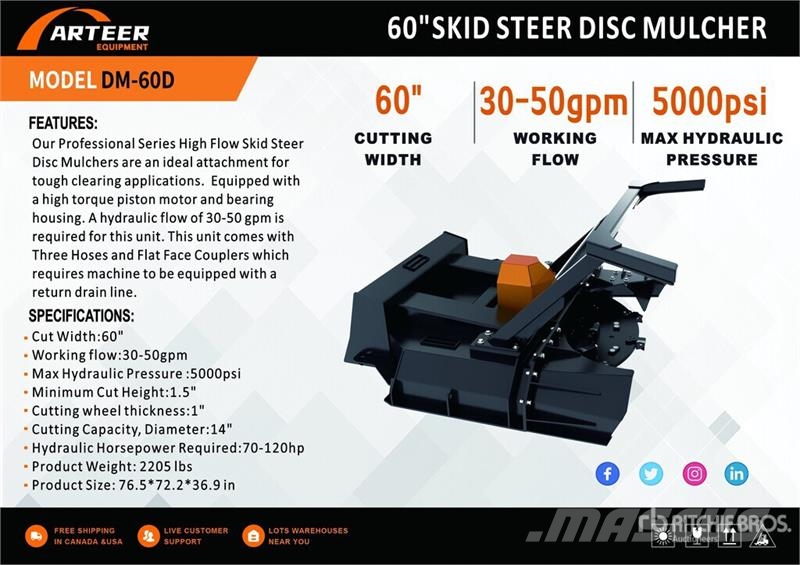 Arteer DM-60D 60 in Disc Skid Steer Mulcher (Unused) Forstmulcher