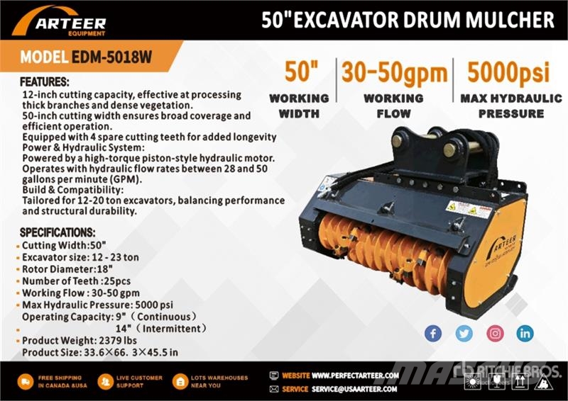 Arteer EDM-5018W 50 in Excavator Drum Mulcher (Unused) Muud osad