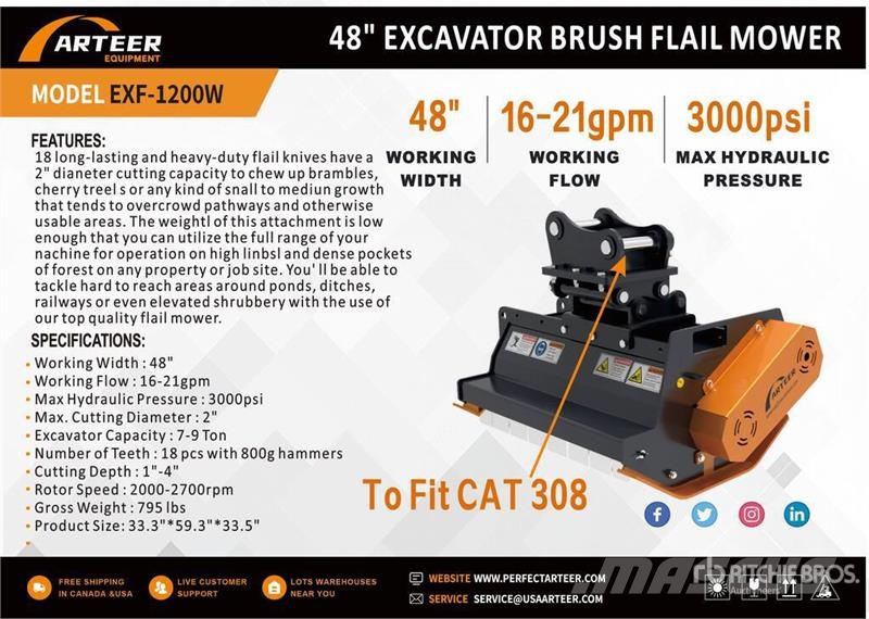 Arteer EXF-1200W 48 in Excavator Flail Mower - Fits Cat 3 Drugi deli