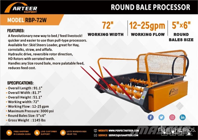 Arteer RBP-72W 72 in Skid Steer Round Bale Processor (Unu Muud osad