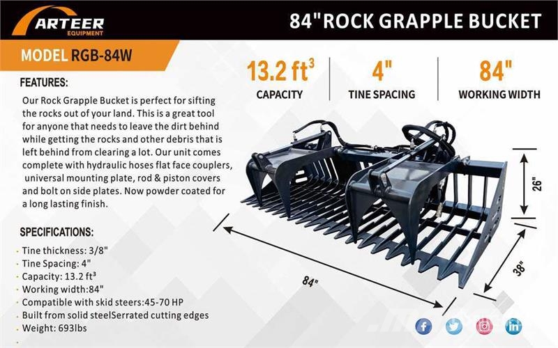 Arteer RGB-84W 84 in Rock Skid Steer Grapple Bucket (Unus Greifer