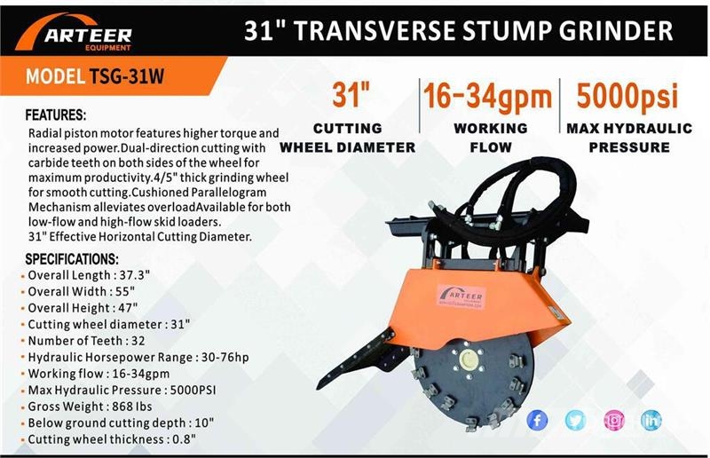 Arteer TSG-31W 31 in Transverse Skid Steer Stump Grinder 动力旋转耙