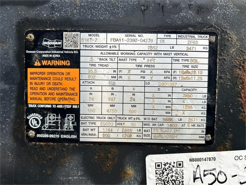 Doosan B18T-7 2850 lb Electric Forklift Elektrostapler