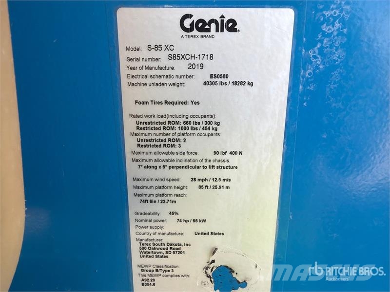 Genie S85XC 4WD Diesel Telescopic Boom Lift Teleskopiskie pacēlāji