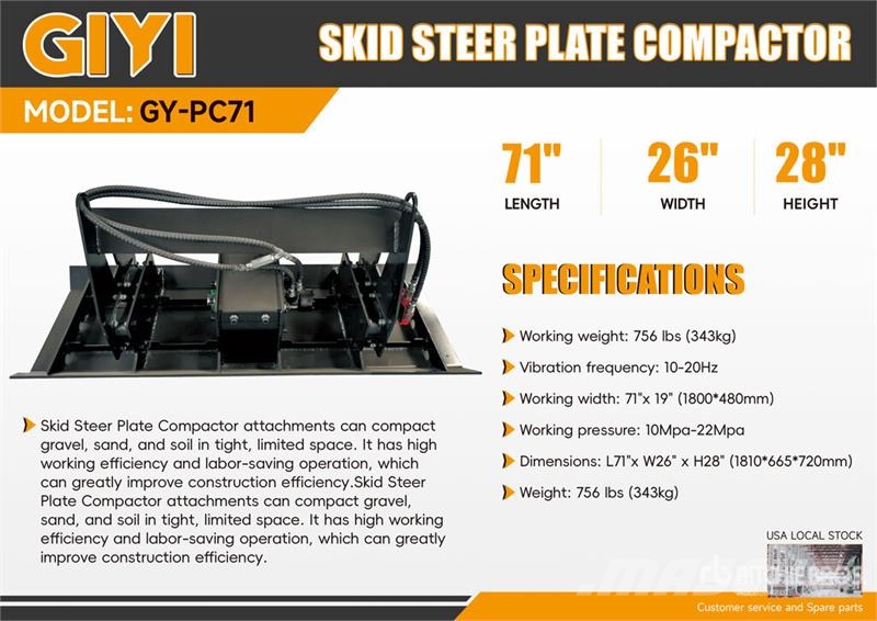 GIYI GY-PC71 71 in Skid Steer Plate Compactor (Unu Vibratoare