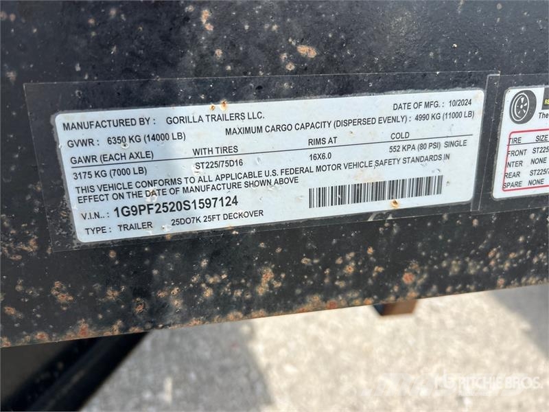  Gorilla 25DO7K 25 ft T/A Equipment Trailer (Inoper مقطورات مركبات نقل