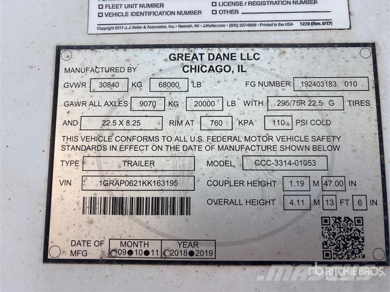 Great Dane CCC-3314-01053 53 ft x 102 in T/A Van Trailer 박스 바디 트레일러