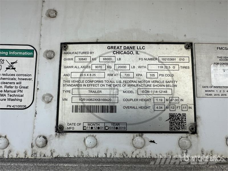Great Dane ECM-1114-12148 48 ft T/A Refrigerated Trailer Frigofrik çekiciler