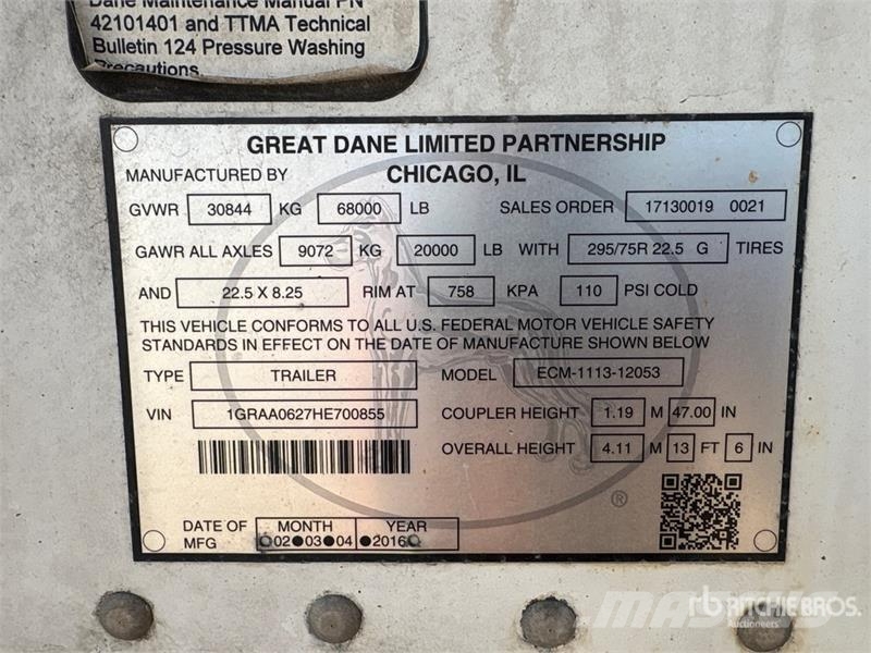 Great Dane ECM111312053 53 ft x 96 in T/A Refrigerated Traile Poluprikolice hladnjače