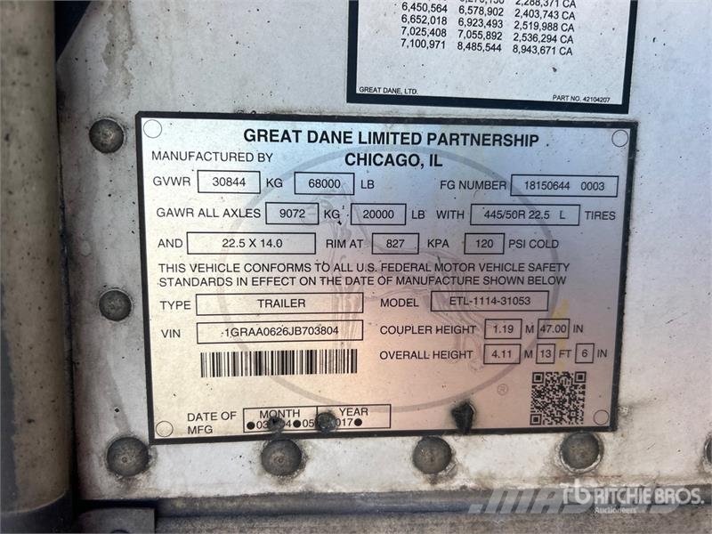 Great Dane ETL-1114-31053 53 ft x 102 in T/A Refrigerated Tra Poluprikolice hladnjače