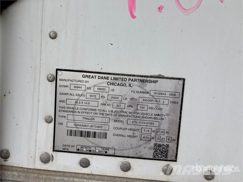 Great Dane ETL-1114-31053 53 ft x 102 in T/A Refrigerated Tra Piekabes ar temperatūras kontroli