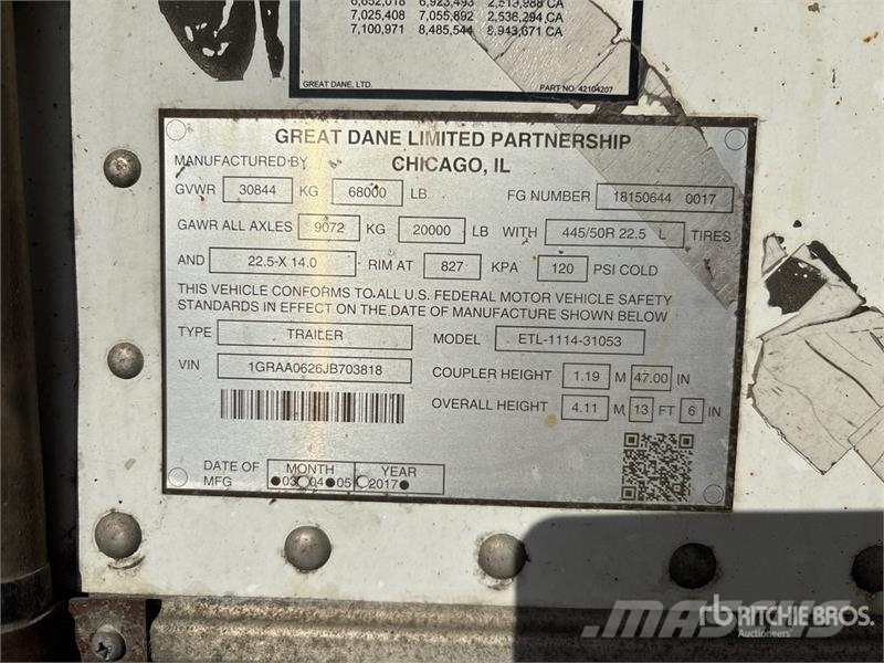 Great Dane ETL-1114-31053 53 ft x 102 in Refrigerated Trailer Piekabes ar temperatūras kontroli