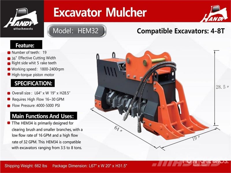Handy HEM32 36 in Excavator Mulcher - Fits 4 - 8 ton (Un Other components
