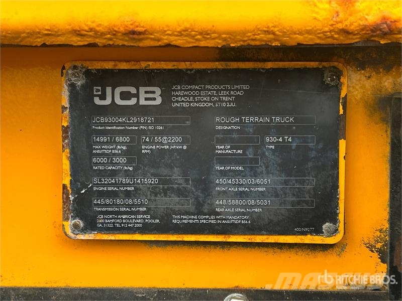 JCB 9304 6000 lb 4x2 Rough Terrain Forklift Maastotrukit