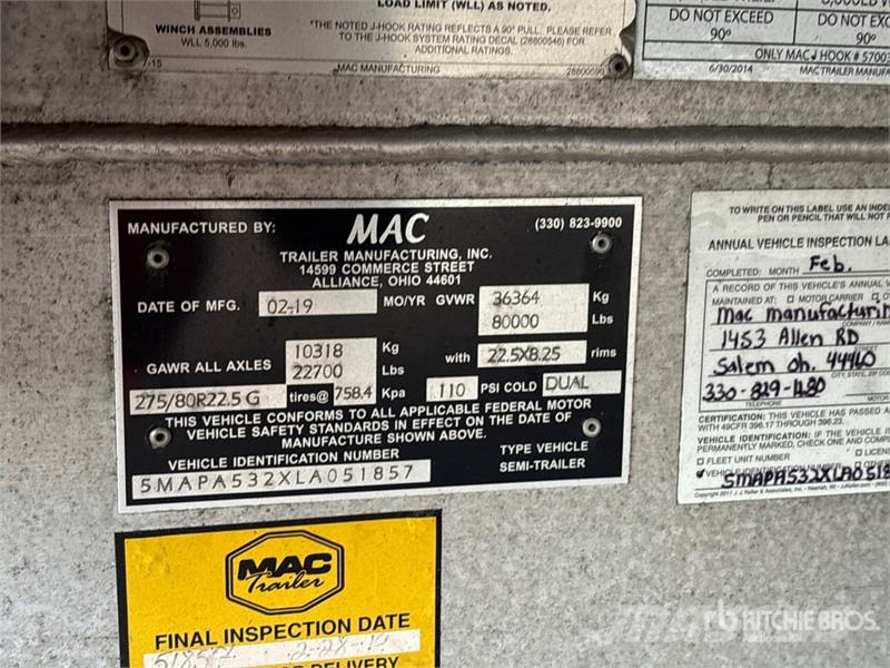 MAC 53 ft T/A Spread Axle Curtain Side Trailer Tents