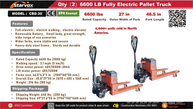  Quantity of (2)  STARVOX 6600 lb Electric Pallet J Kézi raklapemelő