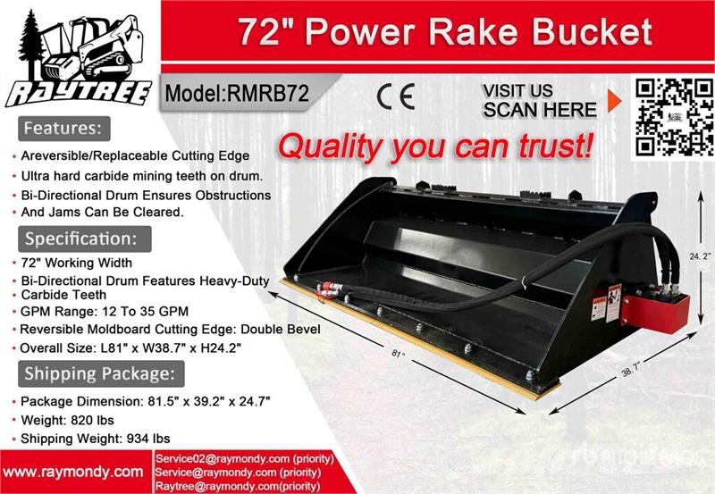 Raytree RMRB72 72 in Power Rake Skid Steer Bucket Baldes