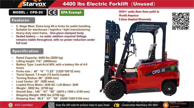 STARVOX CPD-20 4400 lb Electric Forklift (Unused) Empilhadores eléctricos