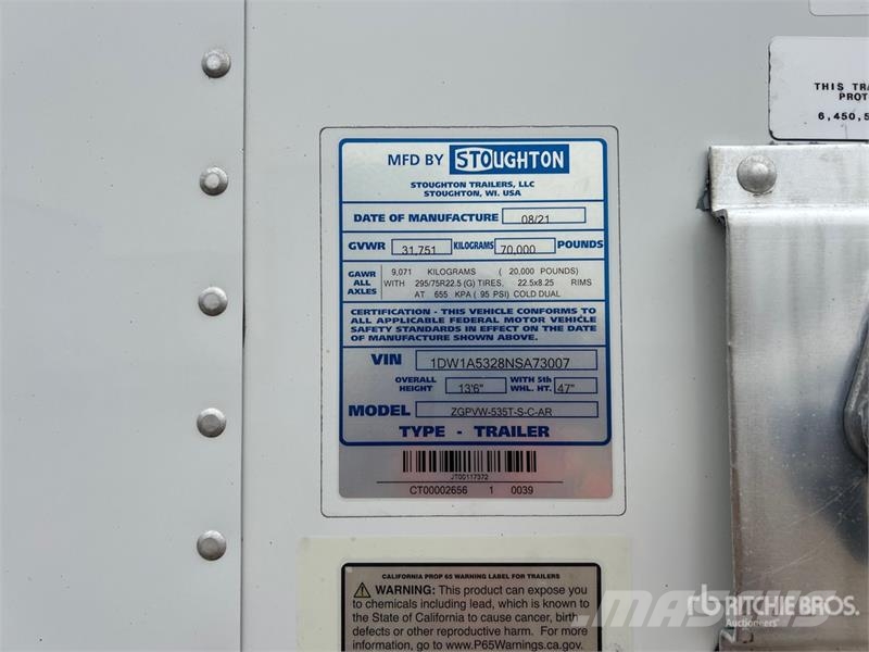 Stoughton ZGPVW-535T-S-C-AR 53 ft x 102 in T/A Van Trailer مقطورات ذات هيكل صندوقي