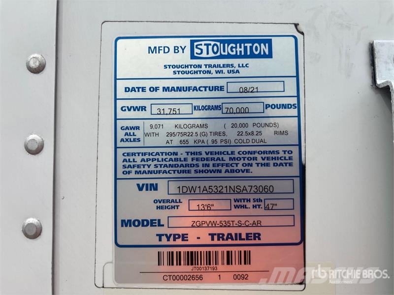 Stoughton ZGPVW-535T-S-C-AR 53 ft x 102 in T/A Van Trailer مقطورات ذات هيكل صندوقي