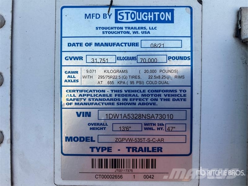 Stoughton ZGPVW-535T-S-C-AR 53 ft x 102 in T/A Van Trailer مقطورات ذات هيكل صندوقي