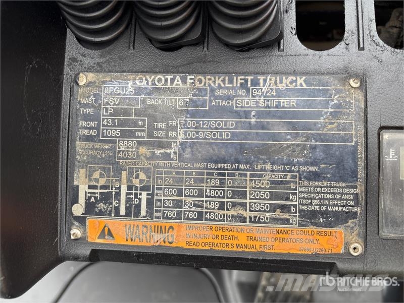 Toyota 8FGU25 5000 lb Pneumatic Tire Forklift Kahveltõstukid - muud