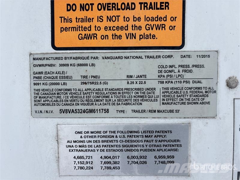 Vanguard 53 ft x 102 in T/A Specialized Decking Van Trailer Box body trailers