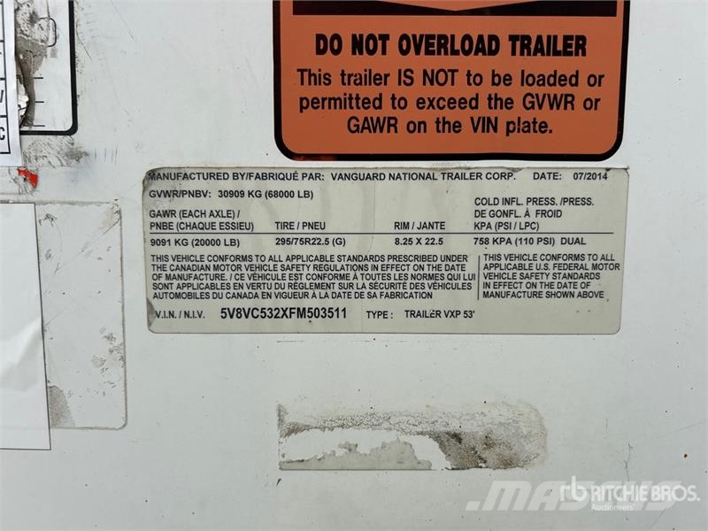 Vanguard 53 ft x 102 in T/A Van Trailer Furgons