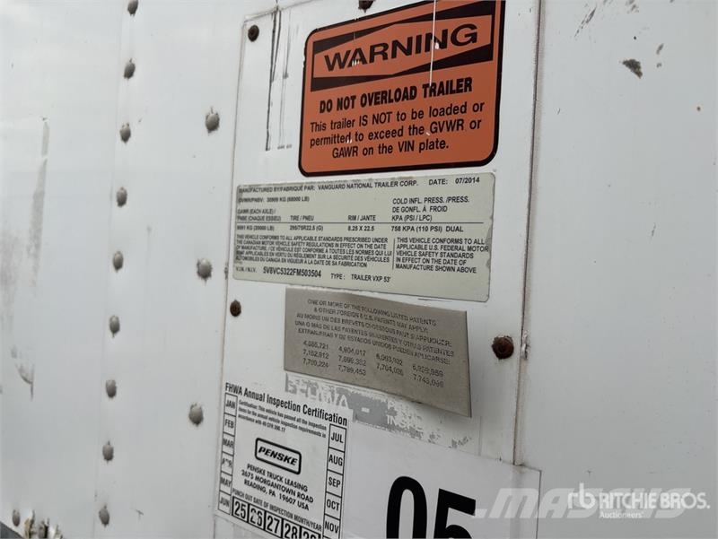 Vanguard 53 ft x 102 in T/A Van Trailer Furgons
