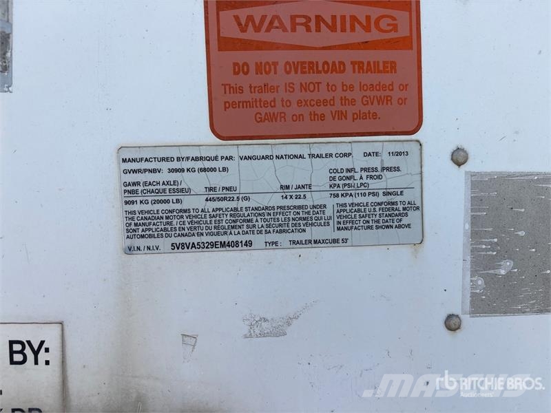 Vanguard 53 ft x 96 in T/A Van Trailer Furgons
