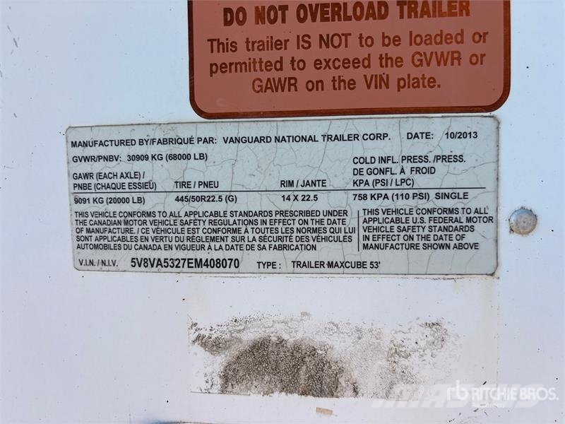 Vanguard 53 ft x 96 in T/A Van Trailer Furgons
