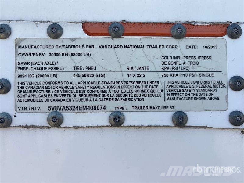 Vanguard 53 ft x 96 in T/A Van Trailer Furgons