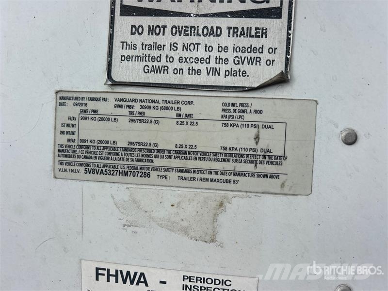 Vanguard MaxCube 53 ft x 102 in T/A Van Trailer Remorque Fourgon