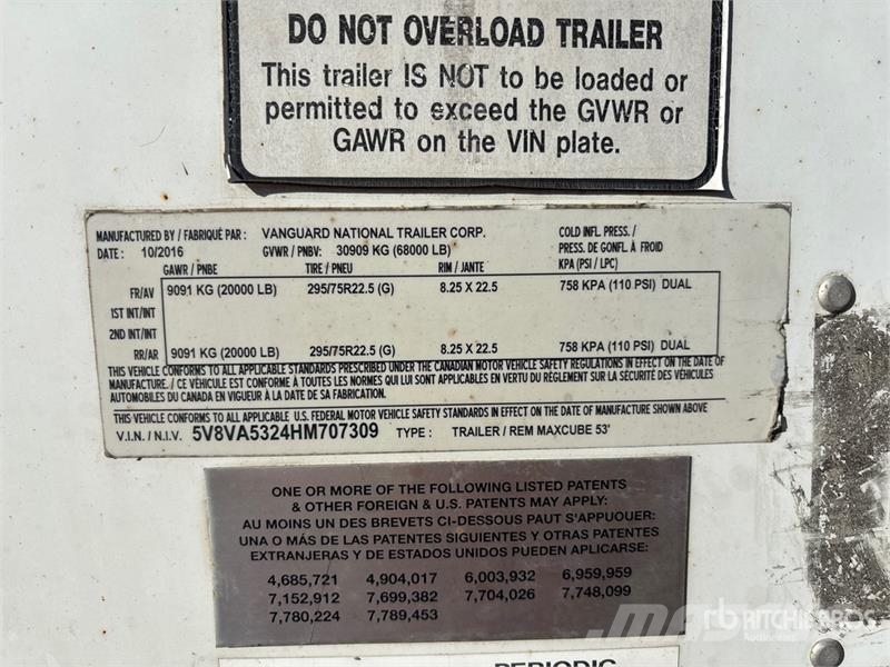 Vanguard MaxCube 53 ft x 102 in T/A Van Trailer Remorque Fourgon