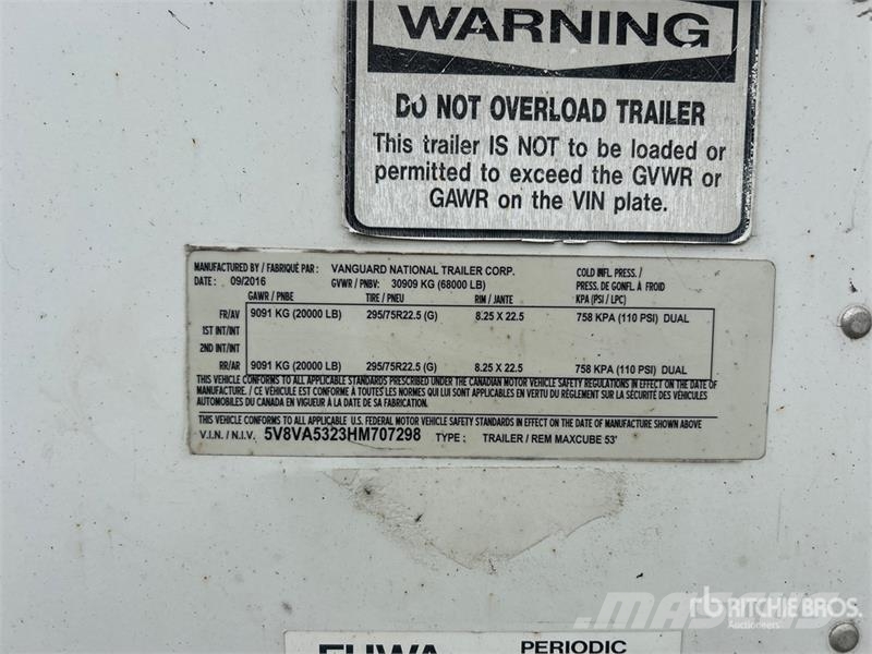 Vanguard MaxCube 53 ft x 102 in T/A Van Trailer Remorque Fourgon