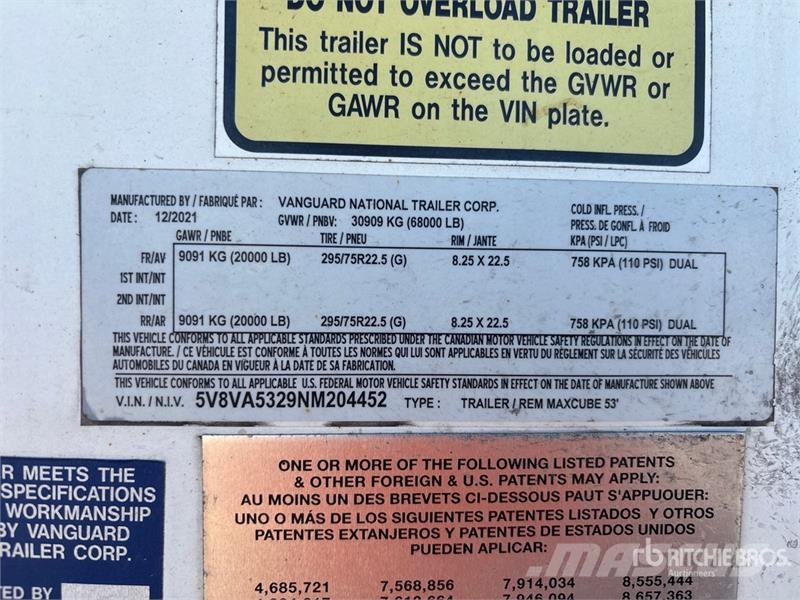 Vanguard MAXCUBE 53 ft x 102 in T/A Van Trailer Rimorchi cassonati