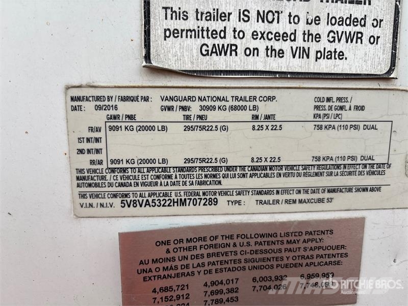 Vanguard MaxCube 53 ft x 102 in T/A Van Trailer Remorque Fourgon