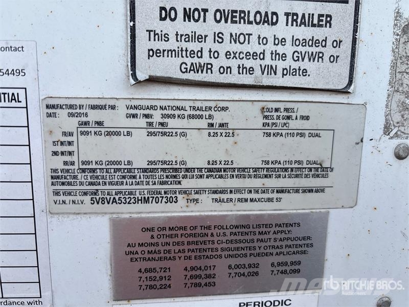 Vanguard MaxCube 53 ft x 102 in T/A Van Trailer Remorque Fourgon