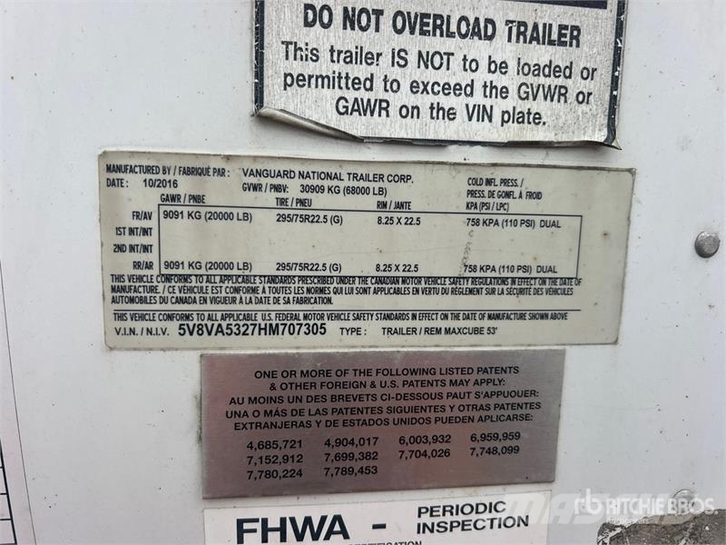 Vanguard MaxCube 53 ft x 102 in T/A Van Trailer Remorque Fourgon