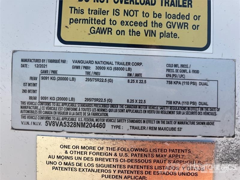 Vanguard MaxCube 53 ft x 102 in T/A Van Trailer Cajas de remolque