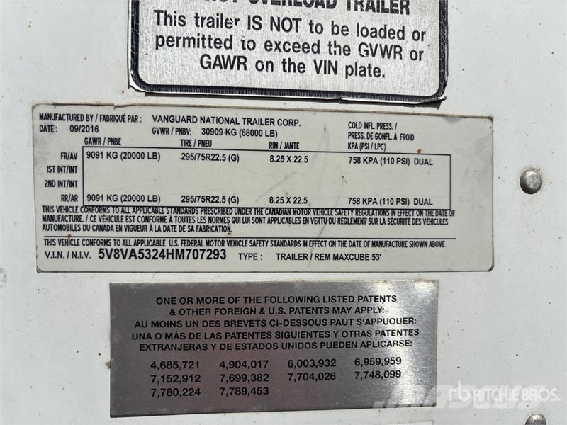 Vanguard MaxCube 53 ft x 102 in T/A Van Trailer Remorque Fourgon