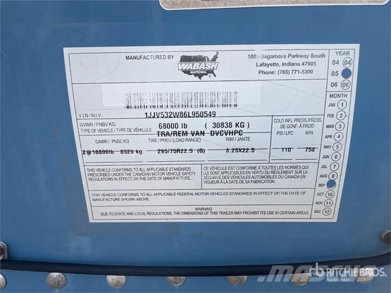 Wabash 53 ft x 102 in T/A Van Trailer Reboques baú