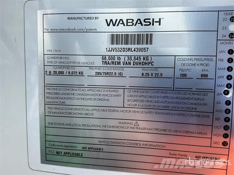 Wabash DVHDHPC 53 ft x 102 in T/A Van Trailer (Inoperable Cajas de remolque