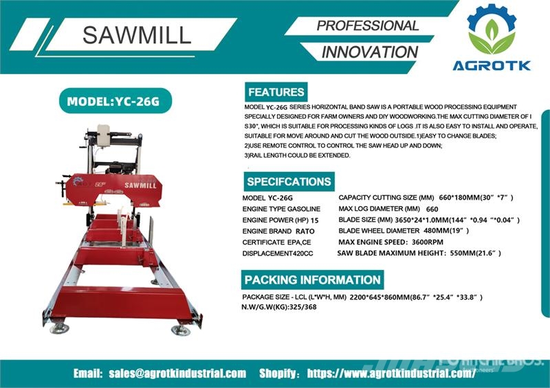 AGT YC-26G Portable Sawmill (Unused) Serrarias
