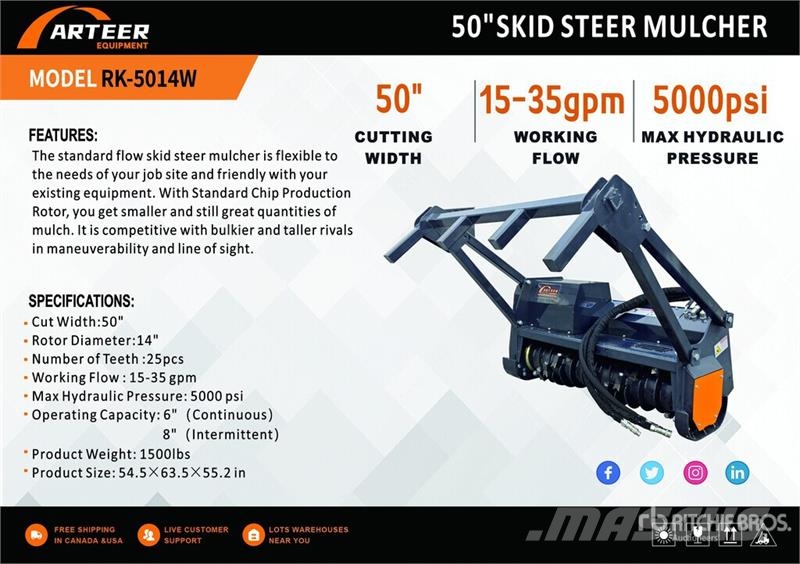 Arteer RK-5014W 50 in Skid Steer Mulcher (Unused) Metsamultšerid