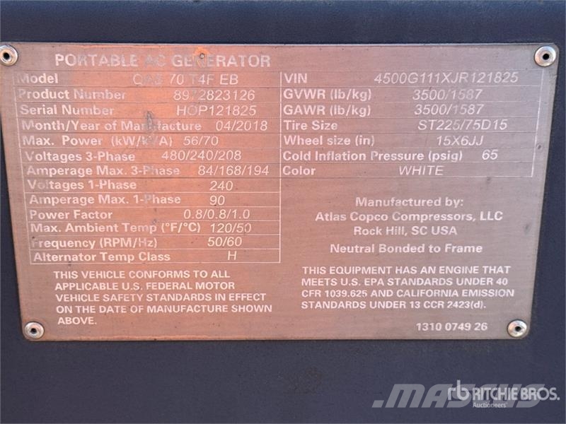 Atlas Copco QAS70 56 kW Mobile Generator Set Diesel Generators